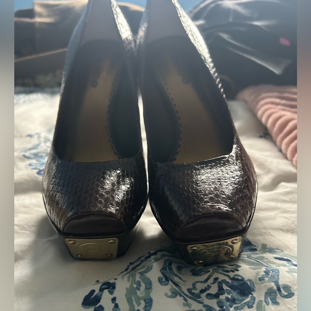 Bebe Brown Snake Skin Heels